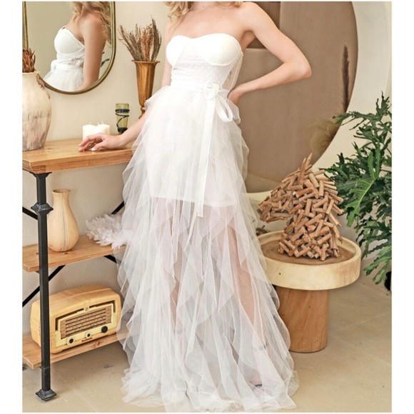 Boho Nude Pink mesh ruffle maxi dress wedding Prom - Picture 2 of 8